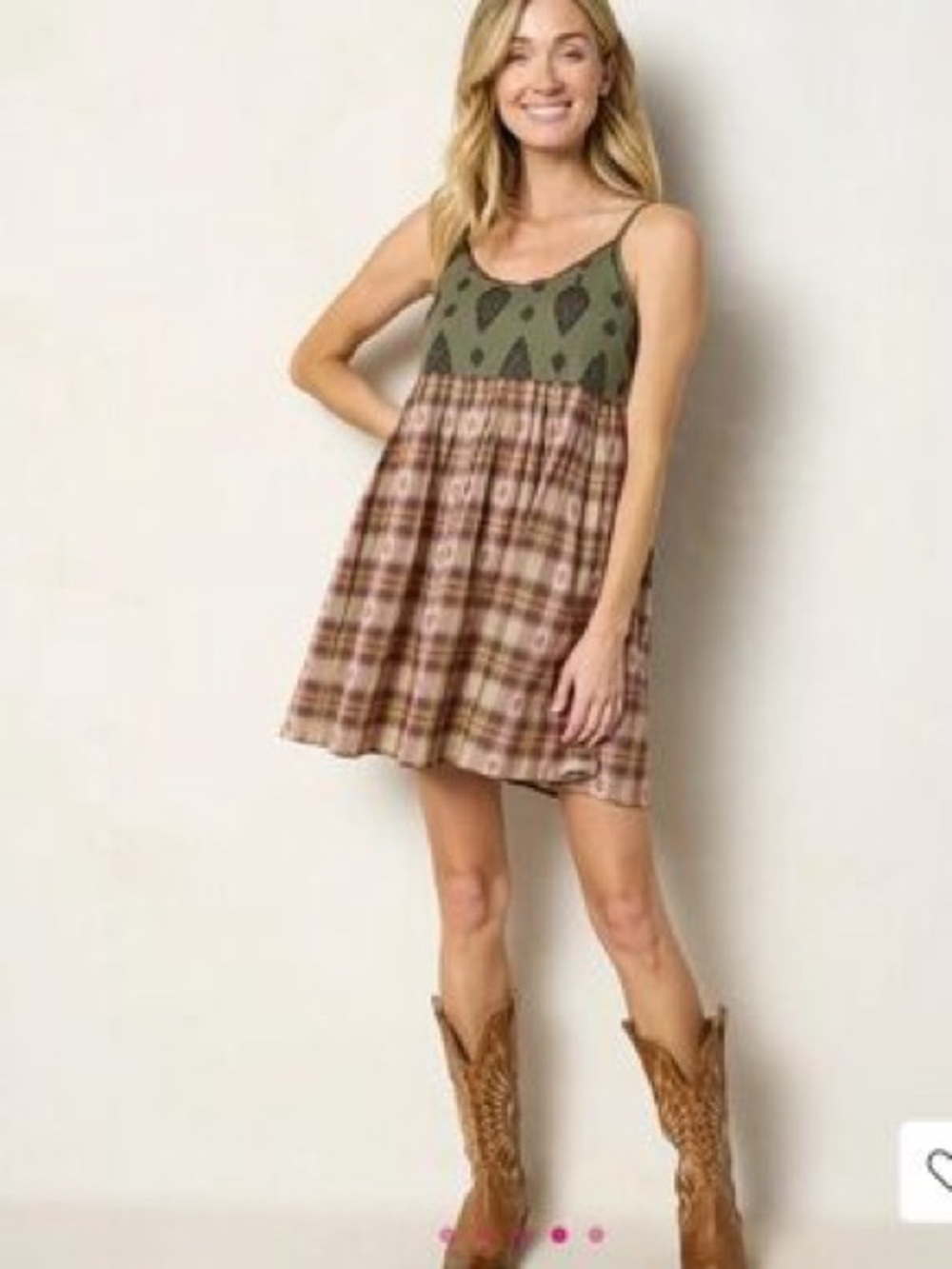 NWT NATURAL LIFE Gigi Olive Green and Brown Plaid Spaghetti-Strap Mini Dress XS